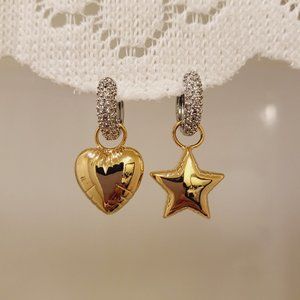 ASYMMETRICAL STAR & HEART EARRING WITH ZIRCONS IN PAVE GOLD COLOR